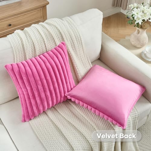 FUTEI Pack of 2 Faux Fur Throw Pillow Covers 22x22 Inch, Hot Pink - Image 4