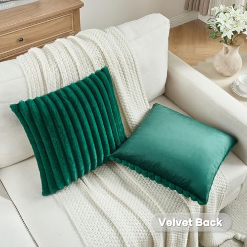 FUTEI Pack of 2 Faux Fur Throw Pillow Covers 24x24 Inch, Emerald Green - Image 4