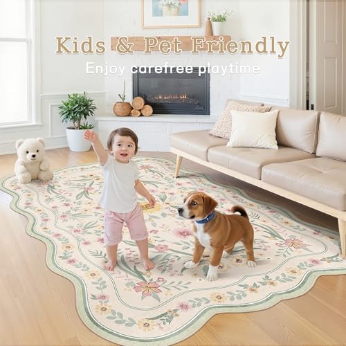 Scalloped Floral Rug 5x7, Sage Green Washable Non Slip Area Rug - Image 3