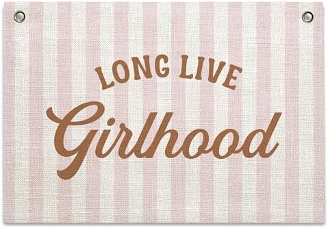 Long Live Girlhood Banner – Girl Room Decor Linen Banner Hanging Flag Retro Pink by RBAFAO