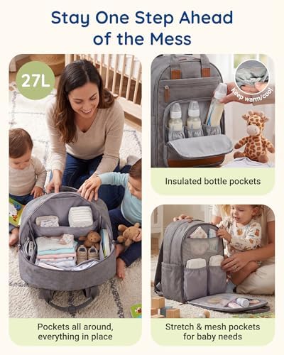mommore Baby Diaper Bag with Waterproof Changing Pad, Light Gray - Image 3