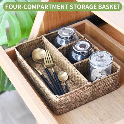 Nonam 4-Section Seagrass Tea Bag Organizer, Wicker Divided Basket - Image 3