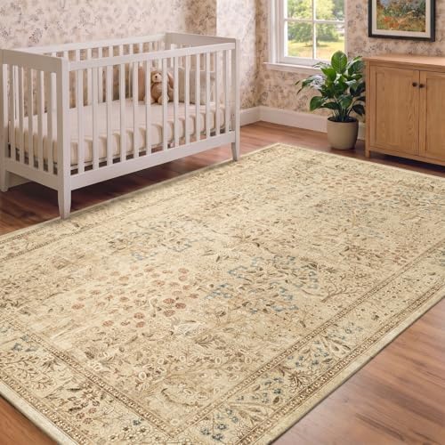 Neutral Tan Floral Area Rug 5x7, Vintage Farmhouse Carpet - Image 5