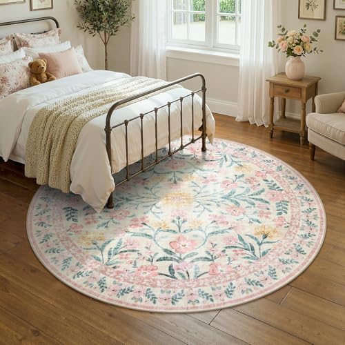 Lahome Pink 6ft Round Rug, Soft Circle Floral Rug by Lahome