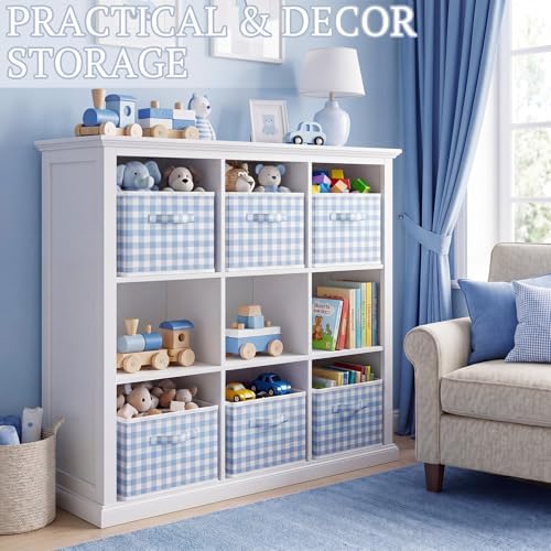 Yalikop 6 Pcs Blue Gingham Cube Storage Bins, 11 Inch Fabric Checkered - Image 5