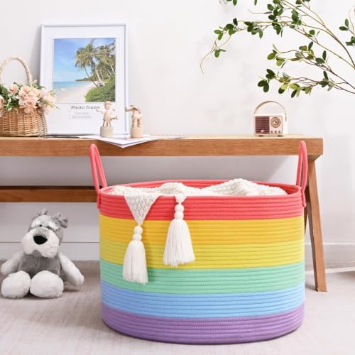 67L Large Rainbow Blanket Basket, Cotton Rope Baby Laundry Hamper - Image 2