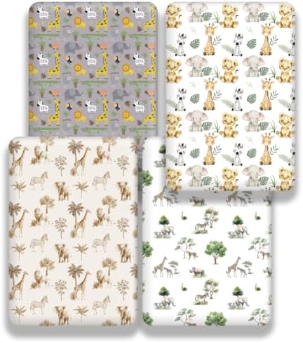 4 Pack Safari Jungle Animals Neutral Unisex Fitted Nursery Baby Sheets Set - Image 2