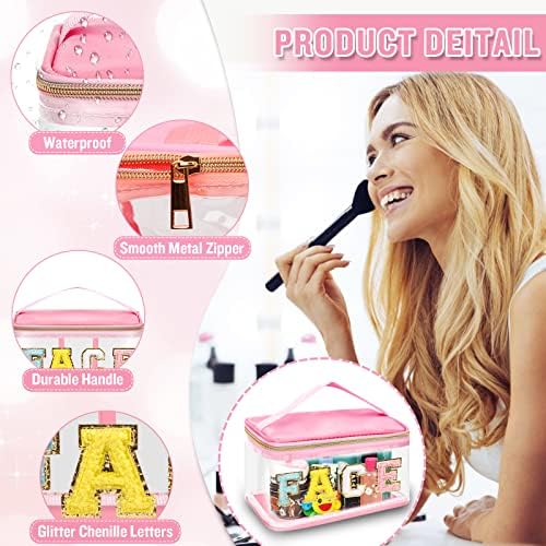 2 Pcs Chenille Letter Clear Makeup Bags FaceHair Pouch, Preppy Patch Travel - Image 3