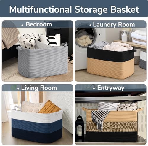 Goodpick 85L Large Blanket Basket 23.6" x 15.7" x 13.8" Cotton Rope Storage - Image 4