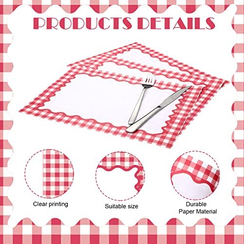 Eaasty 50 Pcs Disposable Red Gingham Paper Placemats Summer Checkered - Image 3