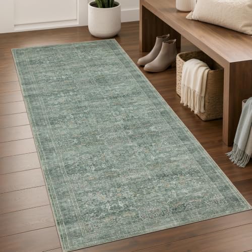 JOLLYVOGUE Runner Rug, 2x6 Washable Vintage Floral Rug, Moss Green by JOLLYVOGUE