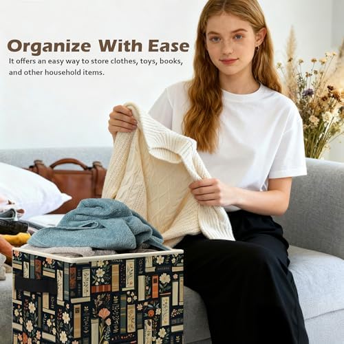 Dark Floral Book Storage Box Bins, Bookish Reading Lover Gifts Collapsible - Image 5