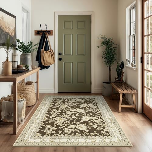 Floral Boho Rug 4x6 with Washable Non Slip Boho Soft Carpet Brown Beige by BILEEHOME