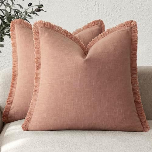 Foindtower Decorative Linen Fringe Throw Pillow Covers 24×24 Coral Pink by Foindtower