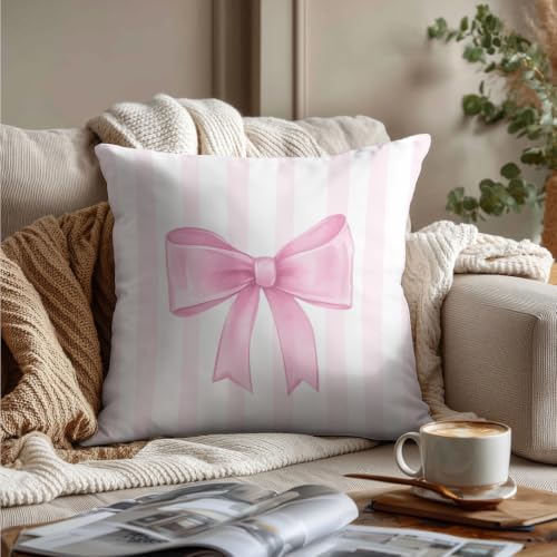 Blush Bow Decorative Throw Pillow 18x18 Inch – Cute Blush Pink Striped Pillow - Image 3