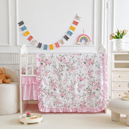 3 Pieces Pink Rose Flowers Crib Bedding Set Baby Ruffled Quilted Comforter by Uozzi+Bedding