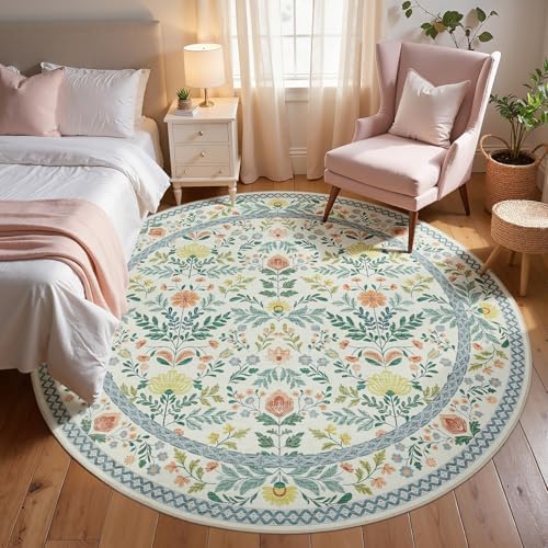 Joydeco Boho Floral Machine Washable Round Rugs 6ft, Circular Indoor Carpet - Image 3