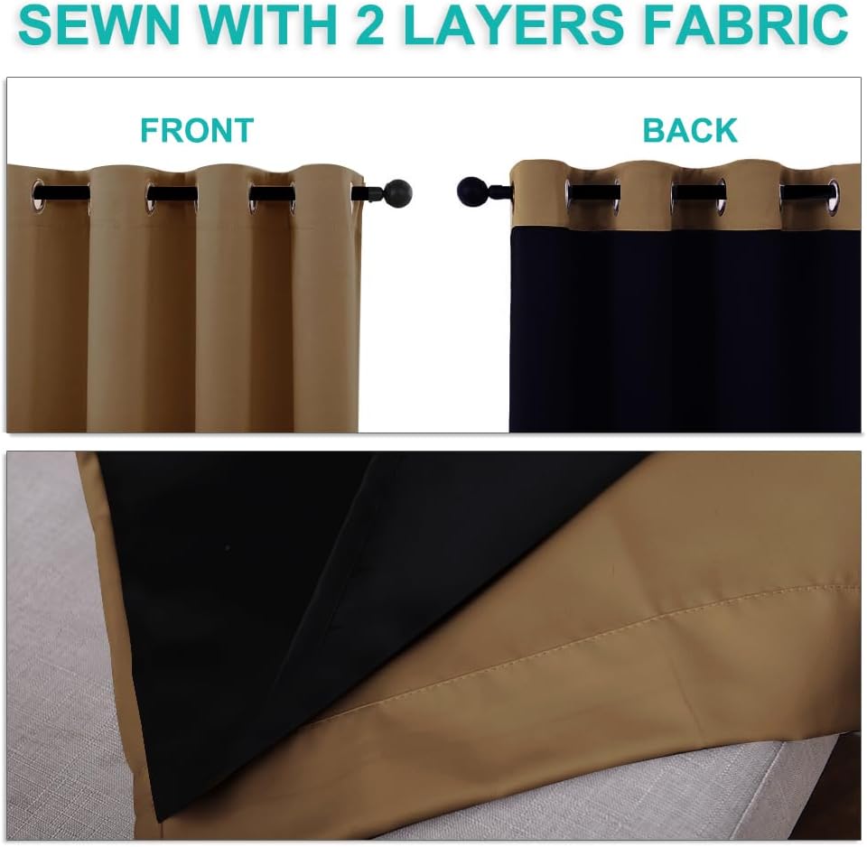 NICETOWN Gold Brown Full Shade Curtain Panels, 37" Wide x 84" Long, Pair of Thermal Insulated & Energy Efficiency Blackout Drapes for Living Room Windows, Lined Silky Performance Window Dressing