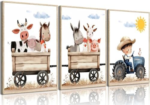 3Pcs Cute Farm Animals Wall Art Nursery Cartoon Watercolor Animal Painting by tctrthd