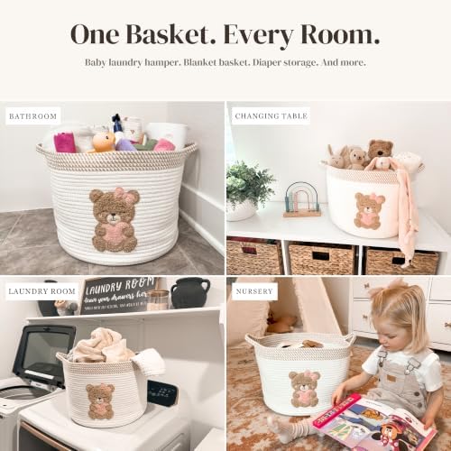 Pink Teddy Bear Baby Storage Basket, Cotton Rope Nursery Bin, 15x11 in - Image 6
