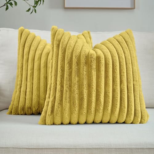 FUTEI Pack of 2 Faux Fur Throw Pillow Covers 24x24 Inch, Mustard Yellow by FUTEI