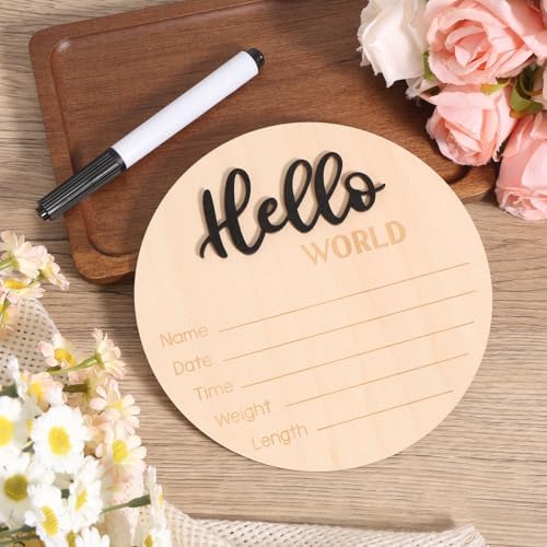 Newborn Announcement Sign with Pen, 5.9in Wooden Hello World Baby Welcome Sign - Image 5