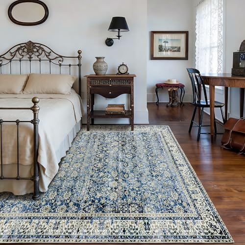 Blue Vintage Distressed Print Carpet 6x9 Low Pile Multi Rug - Image 2