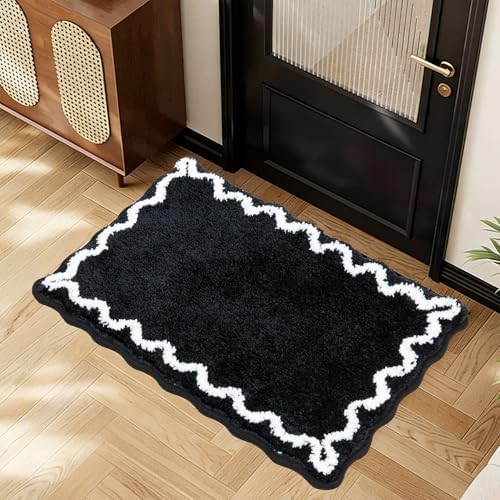 ORTIGIA Black Bath Mat with White Scallop Non Slip, Quick Dry Bath Rug - Image 3