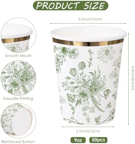 WRAPAHOLIC 50 Pcs Floral Paper Cups - 9 oz Green Toile Flower Disposable Cup - Image 2