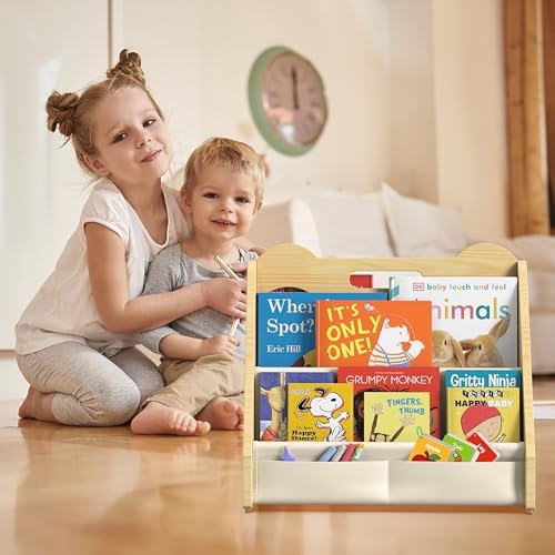 Solid Pine Wood Kids Bookshelf, Double-Sided Nursery Book Shelves, Portable - Image 5