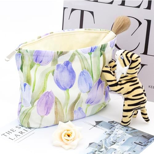 Flat Makeup Bag for Women, Zipper Cosmetic Pouch for Purse, Tulip Purple - Image 2