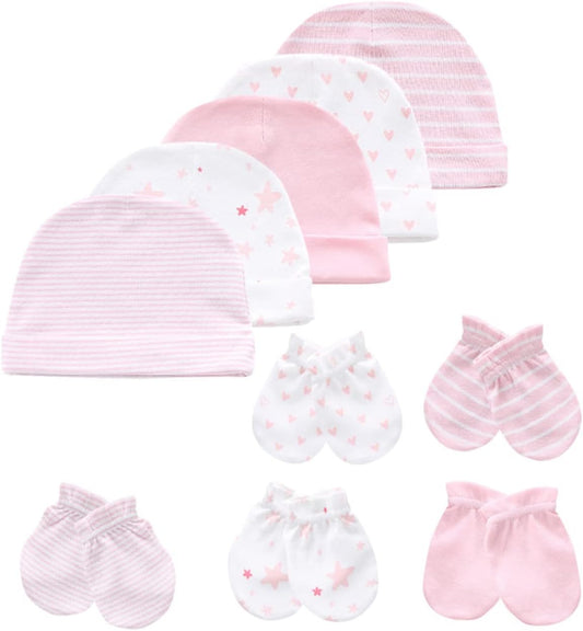 Baby Hat and Mittens Set Newborn Baby Hats Caps for Baby Boys Girls 0-6 Months 100% Cotton