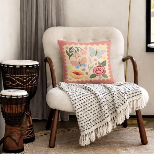 Folk Art Floral Butterfly Pink Pillow Cover 18x18 - Image 4
