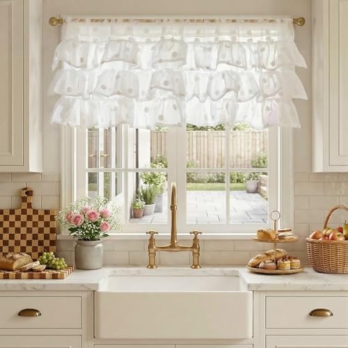 jinchan Ruffled Kitchen Valance Pom-Pom Sheer 1 Panel 18 Inch White - Image 2