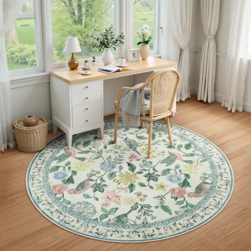 Rugalia Green Floral Round Rugs 4ft, Washable Boho Circle Rug - Image 5