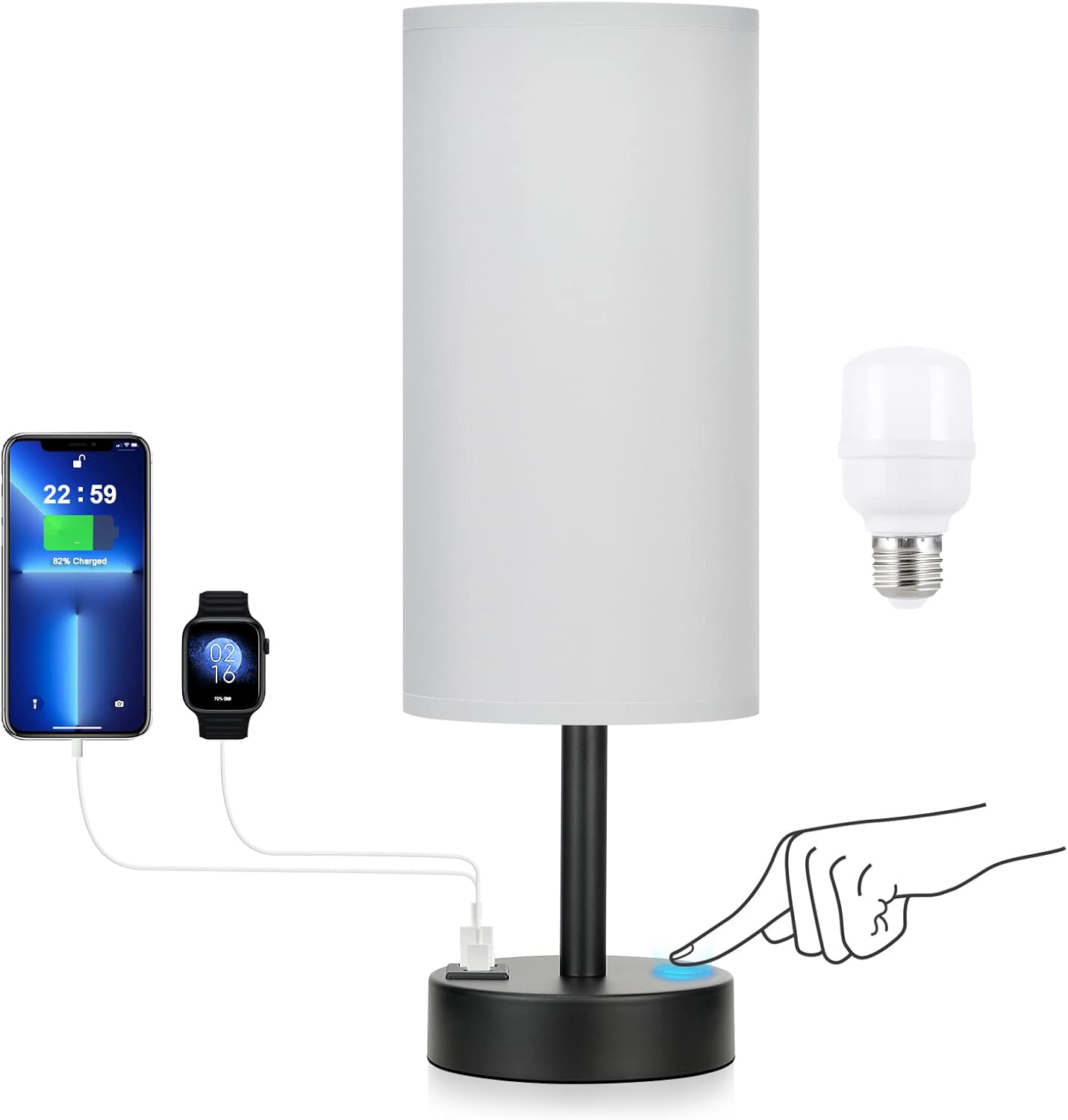 Grey Touch Nightstand Lamps for Girl - Small Bedside Lamp with USB-C and USB Charging Ports, 3 Way Dimmable Control Table Lamp for Living Room Office, Dorm, Reading with Fabric Shade Black Base