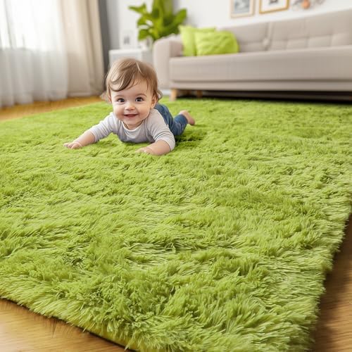 Amdrebio Grass Green Furry Small Area Rug 3x5 by Amdrebio