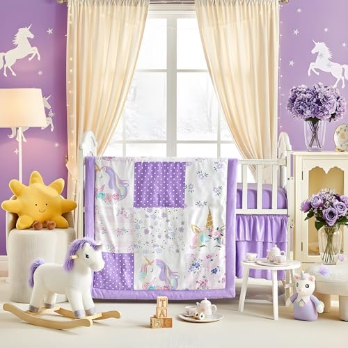 Patchwork Crib Bedding Set Unicorn Plaid Floral Design 3 Pieces Baby Girl Cute - Image 2