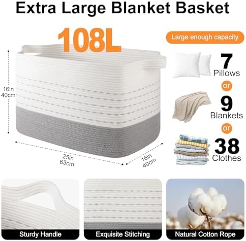 OIAHOMY 108L Extra Large Blanket Basket, 25”x16”x16” Rectangle Woven Cotton - Image 3