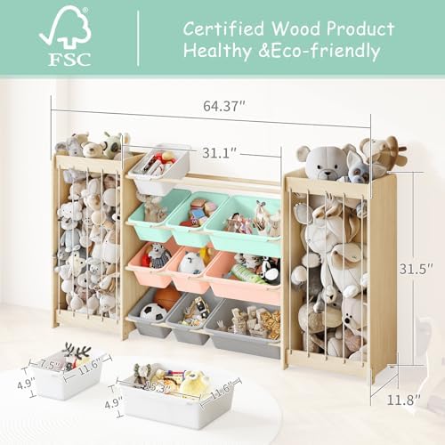EXPERLAM Large Toy Storage Organizer, Wooden Stuffed Animal Storage & 12-Bins - Image 2