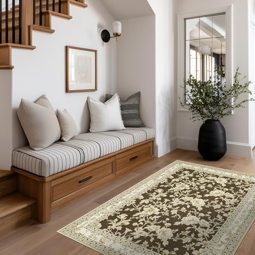 Floral Boho Rug 4x6 with Washable Non Slip Boho Soft Carpet Brown Beige - Image 2