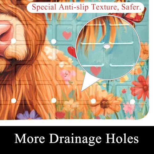 Bathtub Mat Non Slip 26.8x15.1In, Highland Cow Floral Bath Mat - Image 2