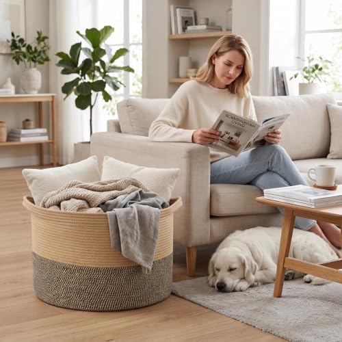 65L Large Blanket Basket, Rope Woven Laundry Baskets-Jute&Black - Image 4