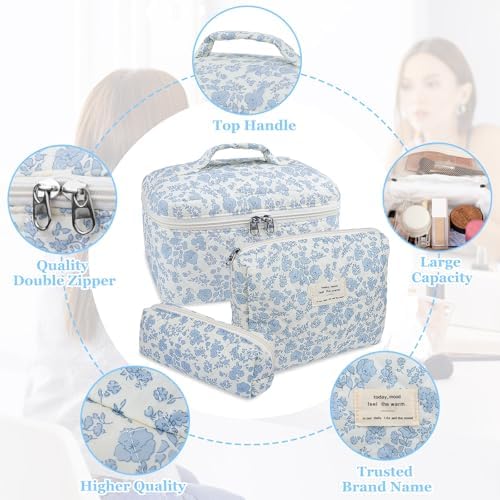 Gosect 3pc Makeup Bag Set, Quilted Makeup Bag Set, Large Floral Cosmetic Bag - Image 3