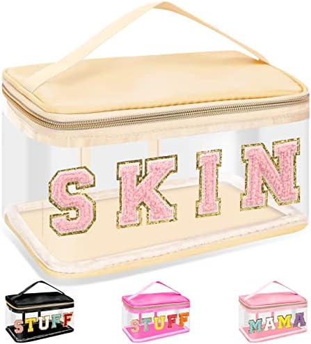 Chenille Letter Clear Makeup Bags Skin Pouch, Preppy Patch Makeup Bag Zipper by izuzta