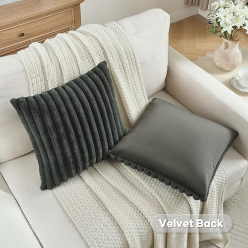 FUTEI Pack of 2 Faux Fur Throw Pillow Covers 24x24 Inch, Dark Grey - Image 4