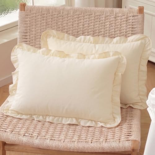 Set of 2 Cream White Ruffle Lumbar Pillow Covers 12x20 Inch, Solid Color by HOSTECCO