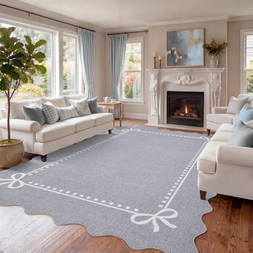Garvee Scalloped Bow Rug for Living Room Washable Solid Grey 8x10 Area Rug - Image 3