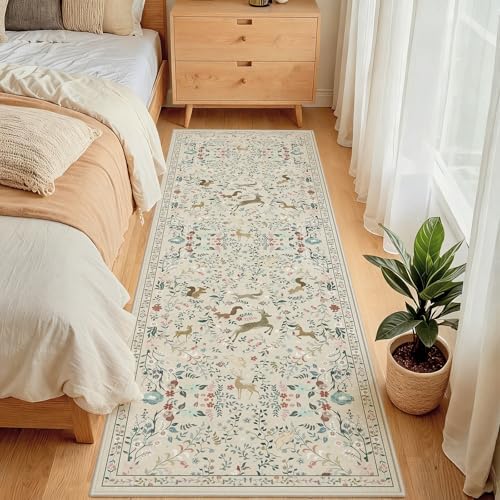 Runner Rug Washable Runners Kitchen Rugs Non Slip Neutral Floral Carpet - Image 3
