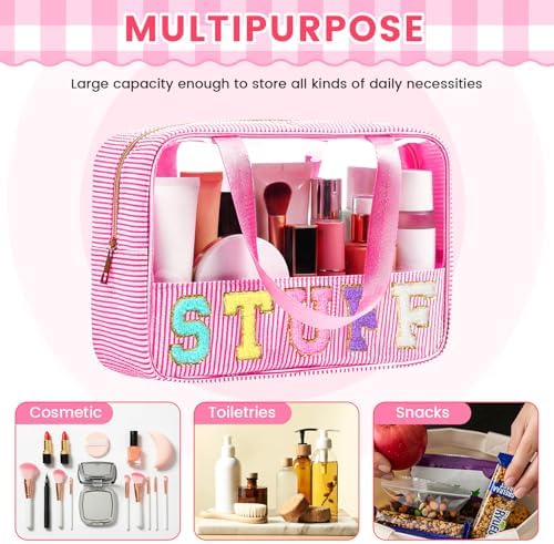 Sanwuta Seersucker Stuff Bag for Travel Clear Chenille Letter Makeup Bag - Image 3